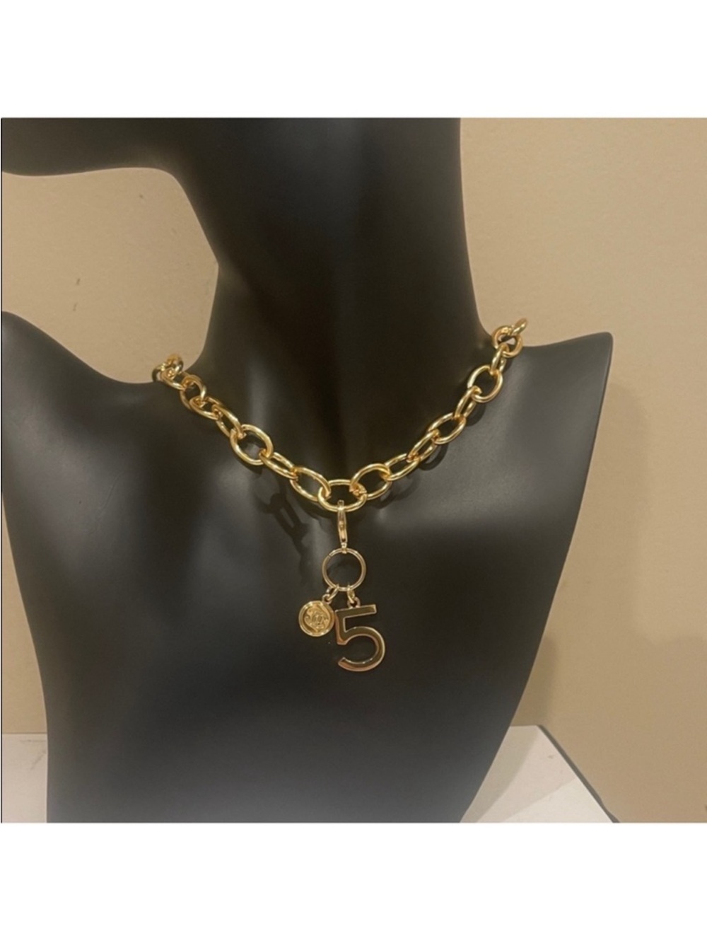 Gold Tone Chunky Chain Necklace with Chanel Number 5 Charm